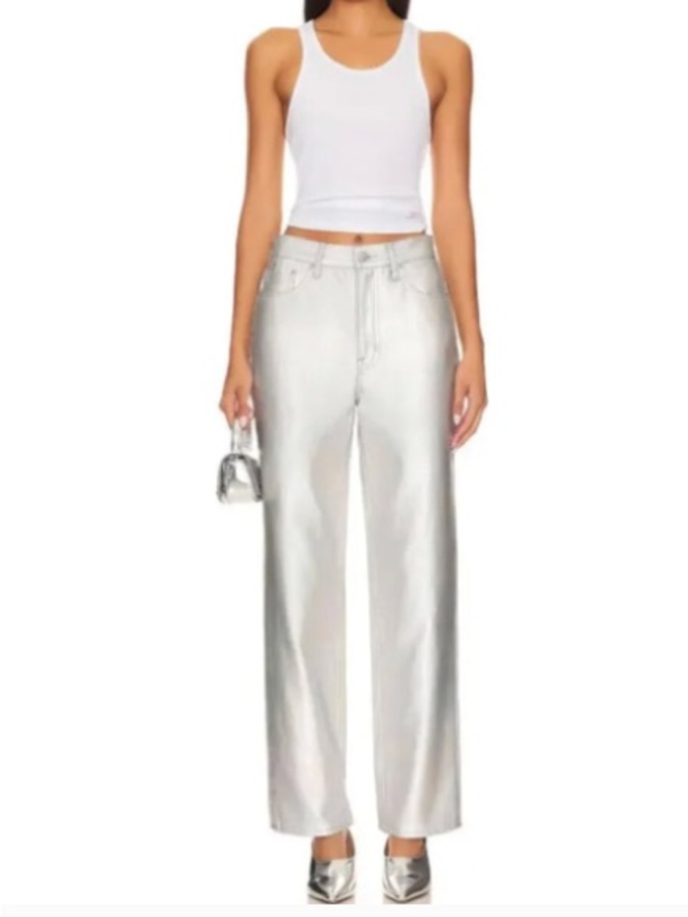 Pistola Cassie Silver Coated High Waist Straight Leg Party Girl Cool Size 27 NWT